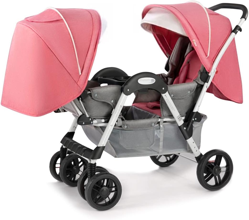 Baby Stroller for Twins-Cozy Compact Twin Stroller, Double Infant Stroller with Tandem Seating,Oversized Canopy, Tandem Umbrella Stroller for Girls Boys (Color : Pink)