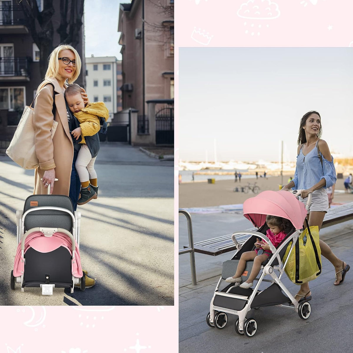 INFANS Lightweight Baby Stroller, Compact Infant with One-Hand Fold, Travel Stroller for Airplane with Cup Holder, Canopy 5-Point Harness Foot Cover for 0-36 Month (Pink)
