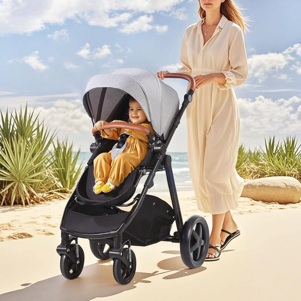 VEVOR 2-in-1 Baby Stroller with Infant Bassinet, Reversible Seat & Easy One-Button Fold, Aluminum Frame, EVA Tires with Brake, Lightweight Travel System Combo (Light Gray)