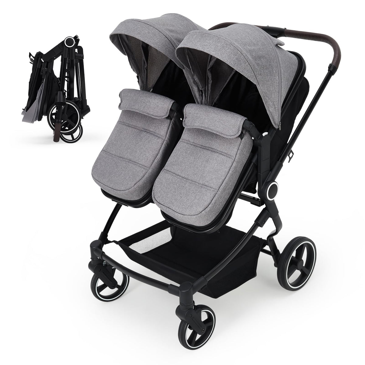 Side by Side Double Stroller for Twins, Lightweight Compact Foldable Baby Travel Stroller with High Landscape Seat, Adjustable Canopy & Recline for Infant and Toddler, Dark Grey