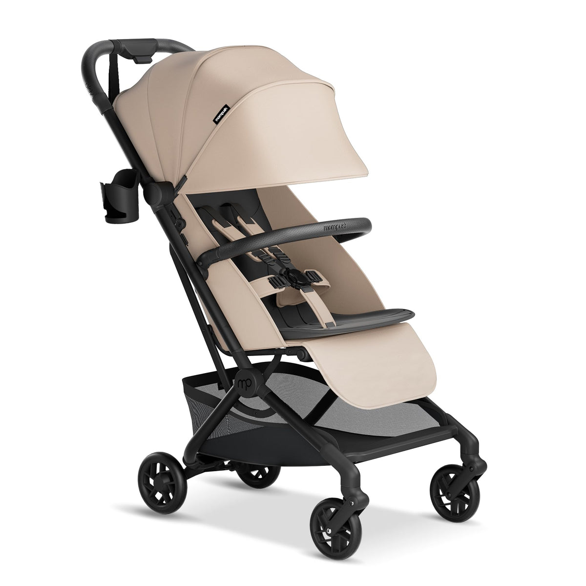 Mompush Velo Lightweight Travel Stroller, Compact & Airplane-Friendly for Baby and Toddler, Lie-Flat Seat, One-Hand Fold, with Leather Bumper Bar, Shoulder Strap, Raincover, Storage Bag & Cup Holder
