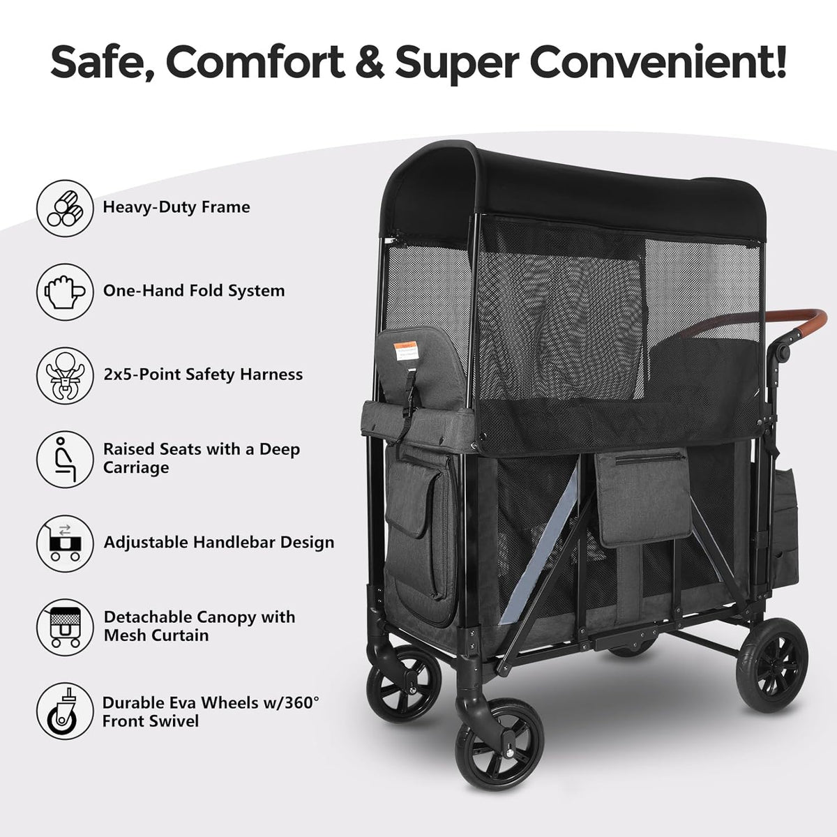 Elite 2 Seater Wagon Stroller for Kids, Foldable Stroller Wagon with Removable Seats & Canopy, 5-Point Safety Harness, Adjustable Handle, Dark Gray