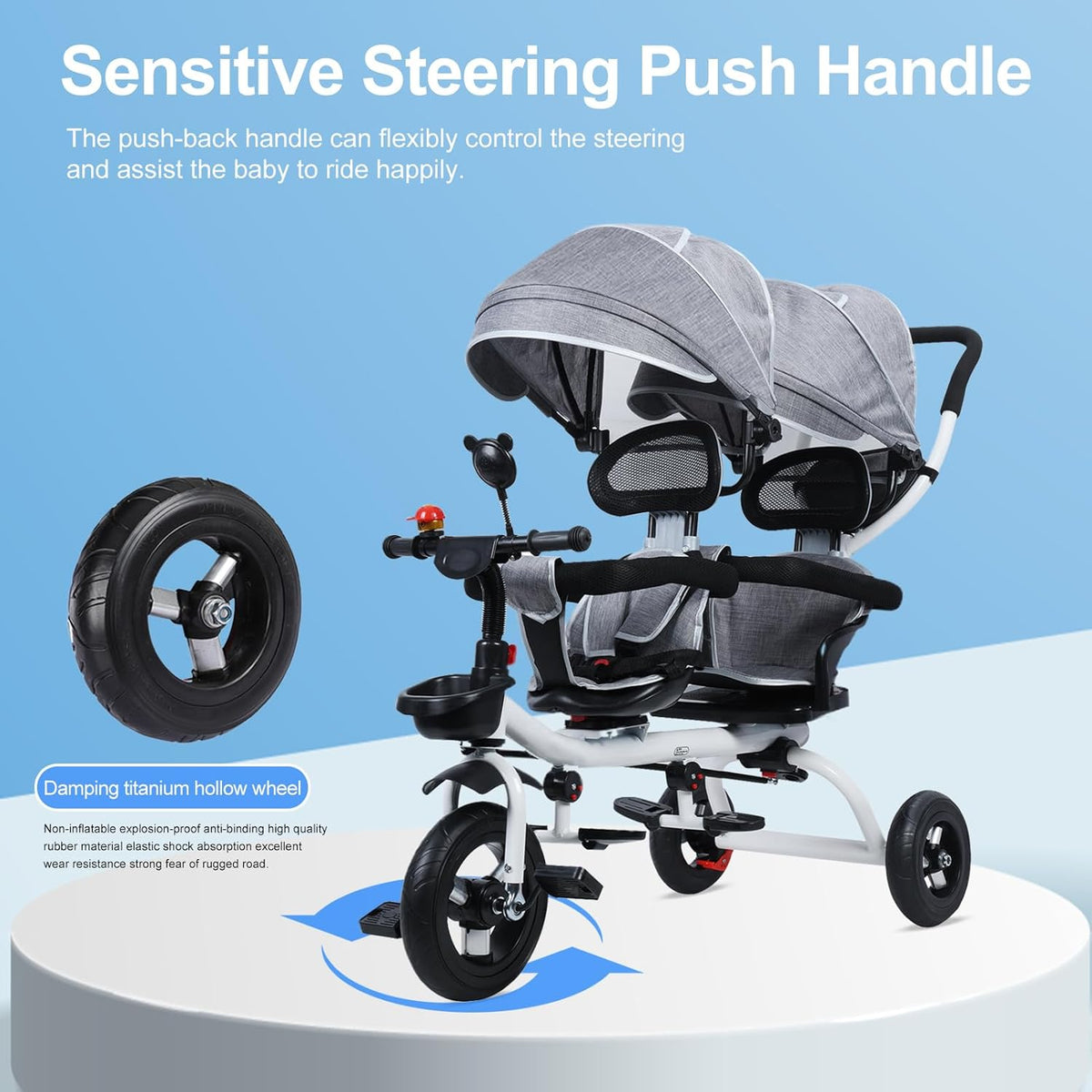 Lightweight Double Toddler Stroller 3-5 Year Old, Sit and Stand Compact Stroller for Travel Infant Tricycle with Anti-Roll Rubber Wheels, Gift for Boys and Girls, Gray