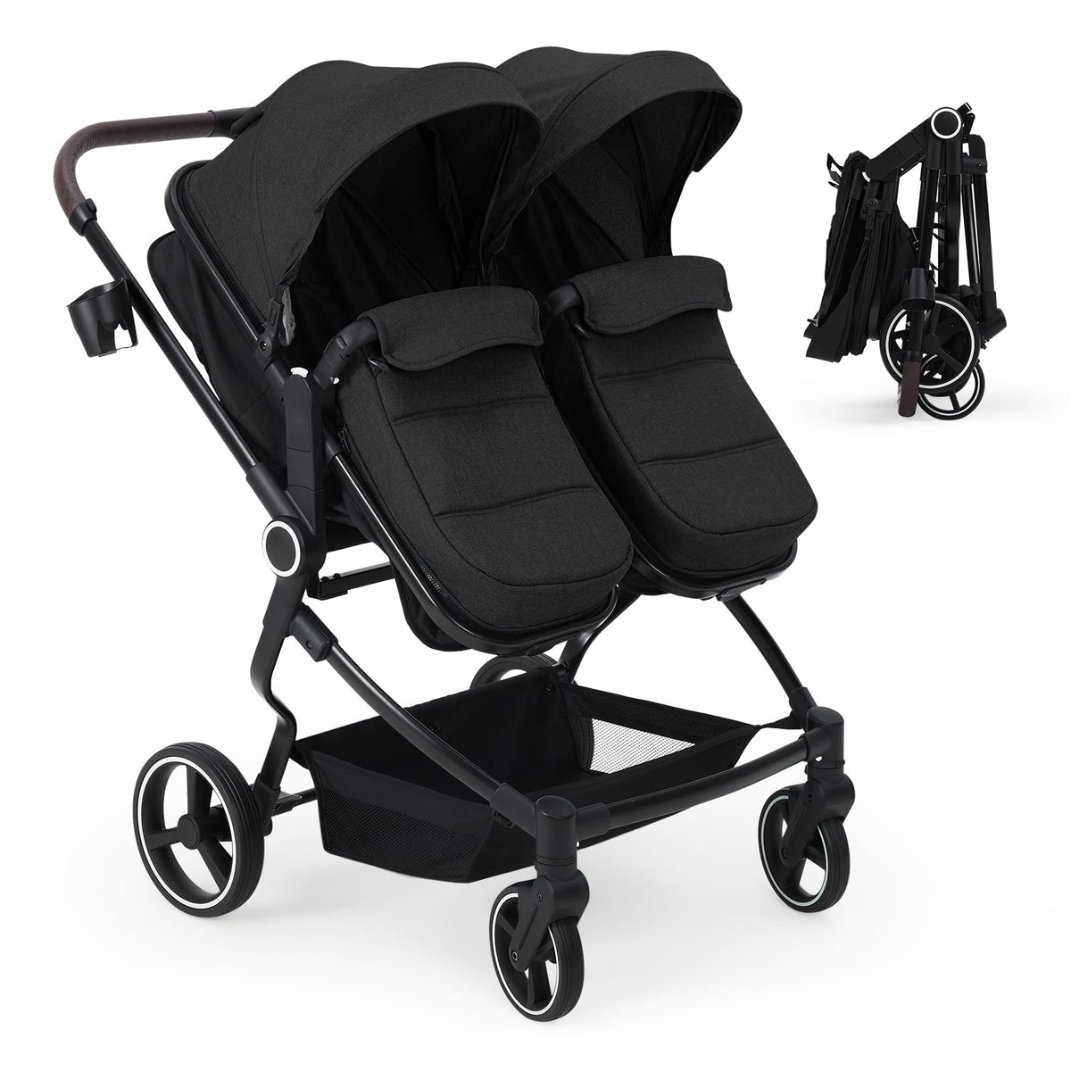 Side by Side Double Stroller for Twins, Lightweight Compact Foldable Baby Travel Stroller with High Landscape Seat, Adjustable Canopy & Recline for Infant and Toddler, Dark Grey