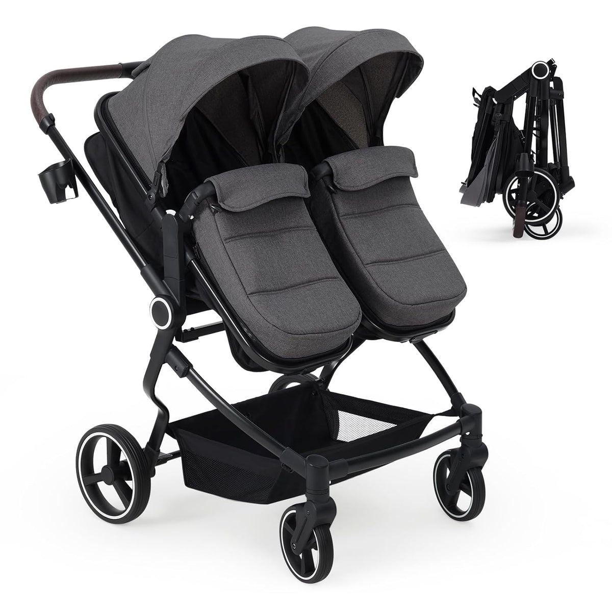 Side by Side Double Stroller for Twins, Lightweight Compact Foldable Baby Travel Stroller with High Landscape Seat, Adjustable Canopy & Recline for Infant and Toddler, Dark Grey