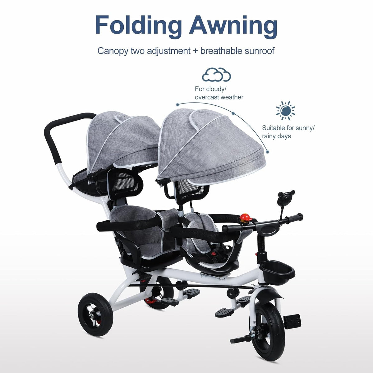 Lightweight Double Toddler Stroller 3-5 Year Old, Sit and Stand Compact Stroller for Travel Infant Tricycle with Anti-Roll Rubber Wheels, Gift for Boys and Girls, Gray