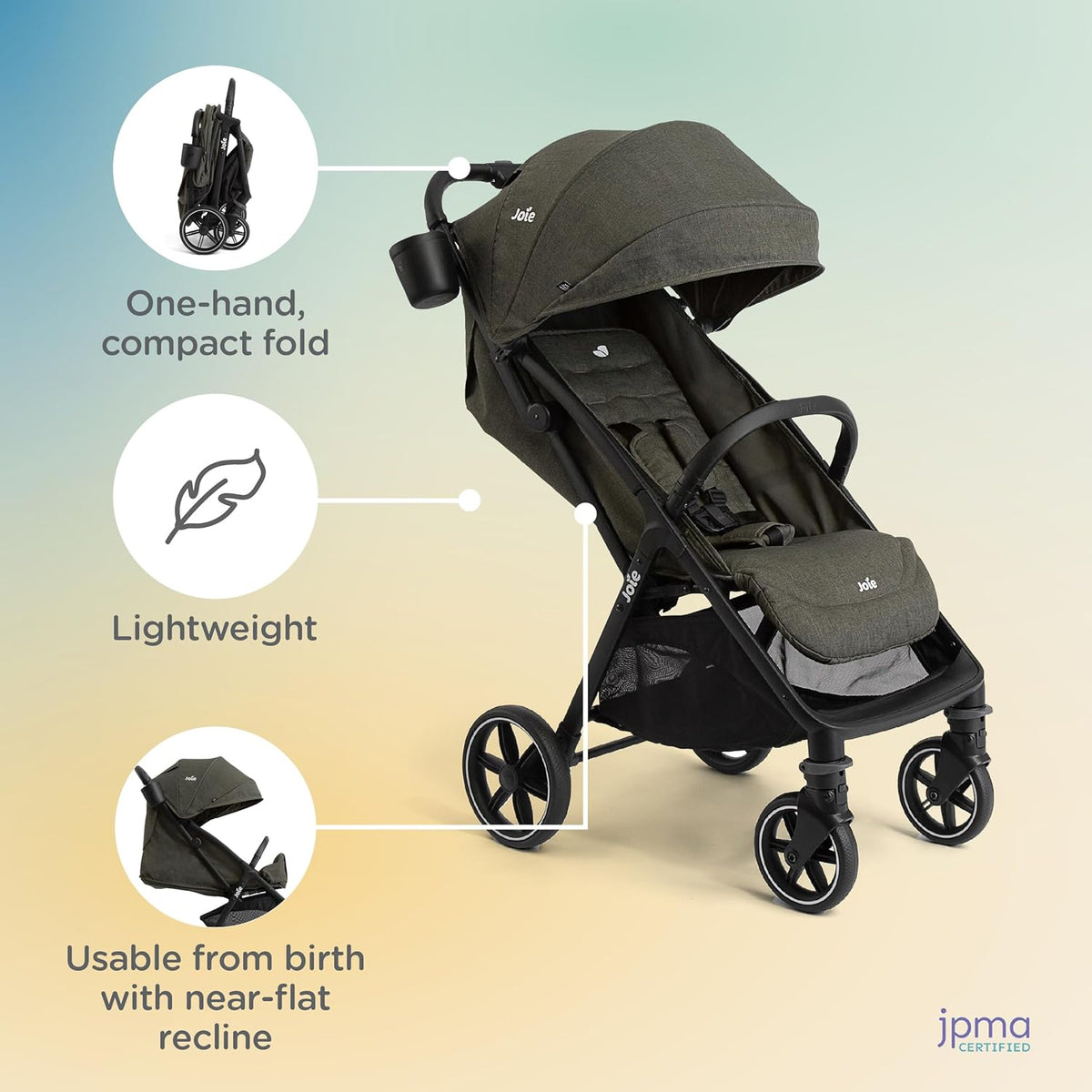 Joie Nutmeg Compact Stroller – Lightweight and Compact Stroller with One-Hand Fold (Shale)