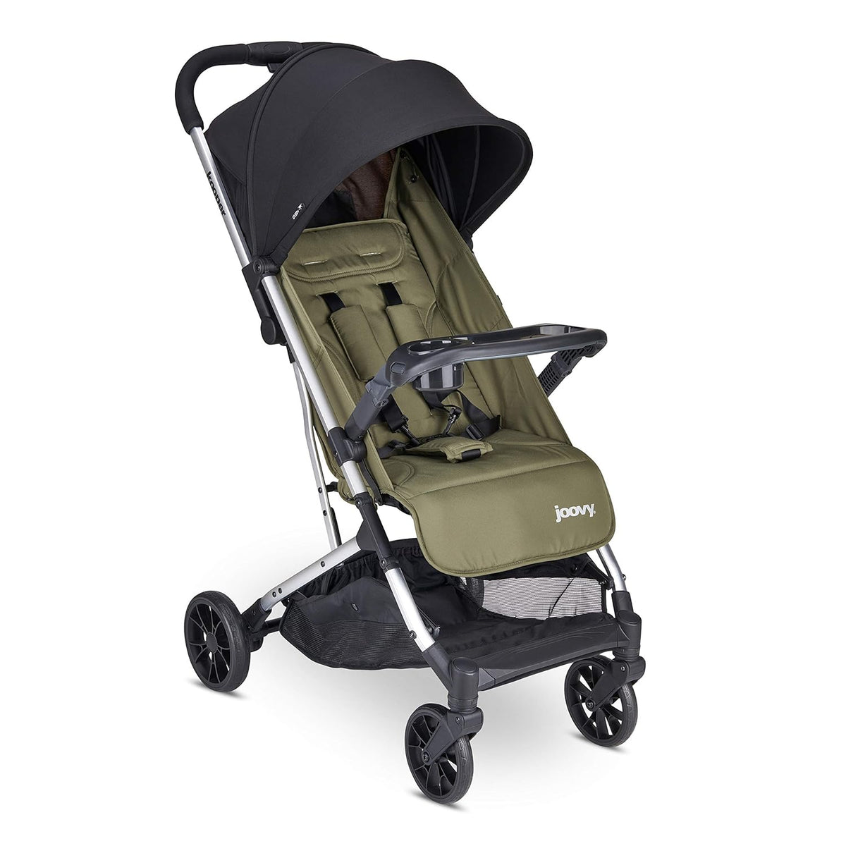 Joovy Kooper Lightweight Baby Stroller Featuring Removable, Swing-Open Tray, Big Wheels, Reclining Seat with Footrest, Extra-Large Retractable Canopy, and Compact Fold (Olive)