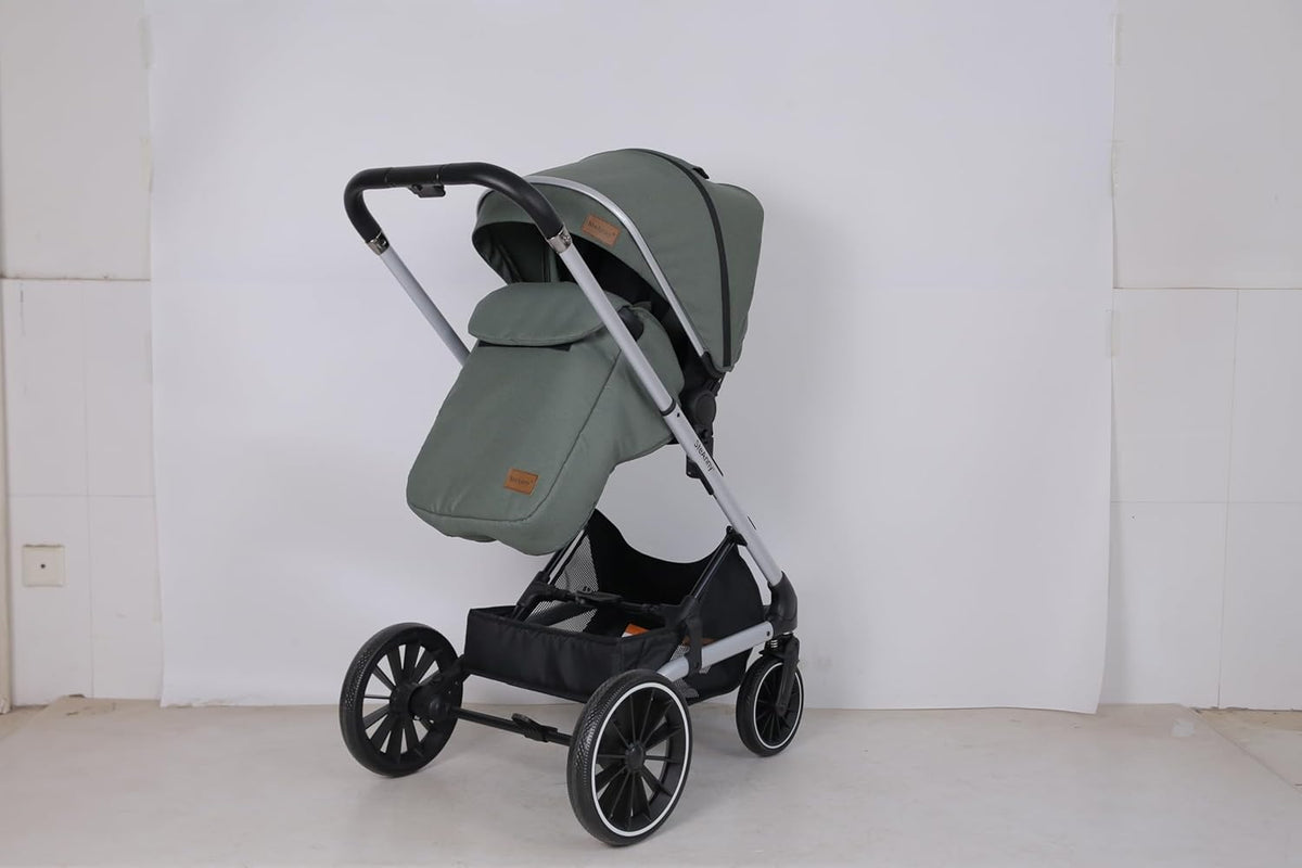 Wagon Pram, Convertible Stroller with Reversible Seat, Foldable Newborn Stroller with Bassinet Mode, Oversized Wheels Luxury Baby Carriage Suit Toddler Infant,Gray (Green)