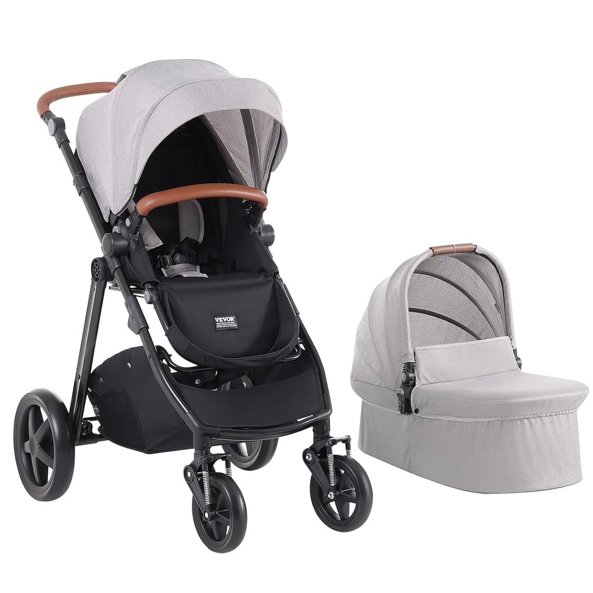 VEVOR 2-in-1 Baby Stroller with Infant Bassinet, Reversible Seat & Easy One-Button Fold, Aluminum Frame, EVA Tires with Brake, Lightweight Travel System Combo (Light Gray)