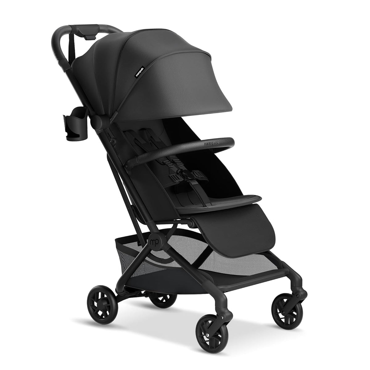 Mompush Velo Lightweight Travel Stroller, Compact & Airplane-Friendly for Baby and Toddler, Lie-Flat Seat, One-Hand Fold, with Leather Bumper Bar, Shoulder Strap, Raincover, Storage Bag & Cup Holder