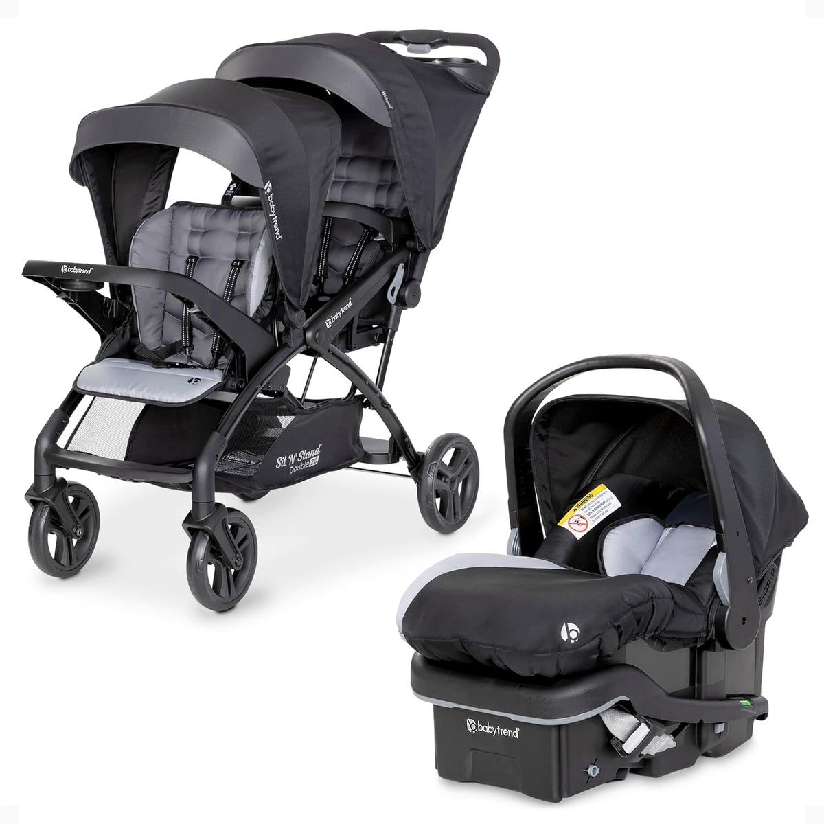 Baby Trend Infant and Toddler Double Stroller & Car Seat Combo, 2 Pc Set, Stormy - Lightweight and Compact Travel Stroller and Carseat Tandem for Babies, Infants, and Toddlers
