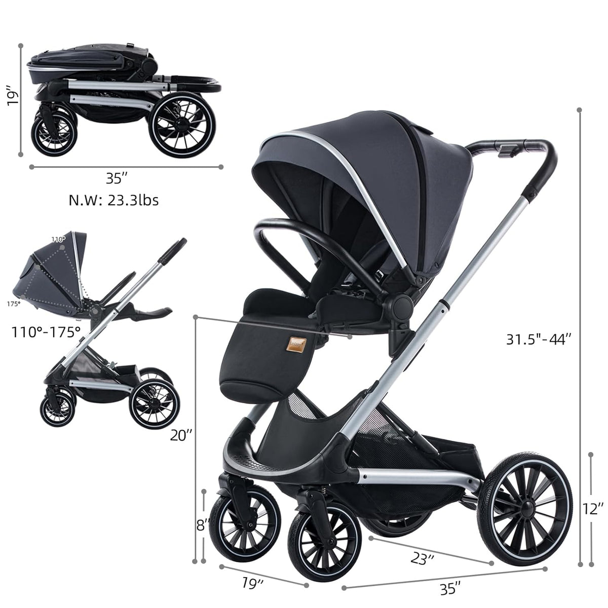 Wagon Pram, Convertible Stroller with Reversible Seat, Foldable Newborn Stroller with Bassinet Mode, Oversized Wheels Luxury Baby Carriage Suit Toddler Infant,Gray (Green)