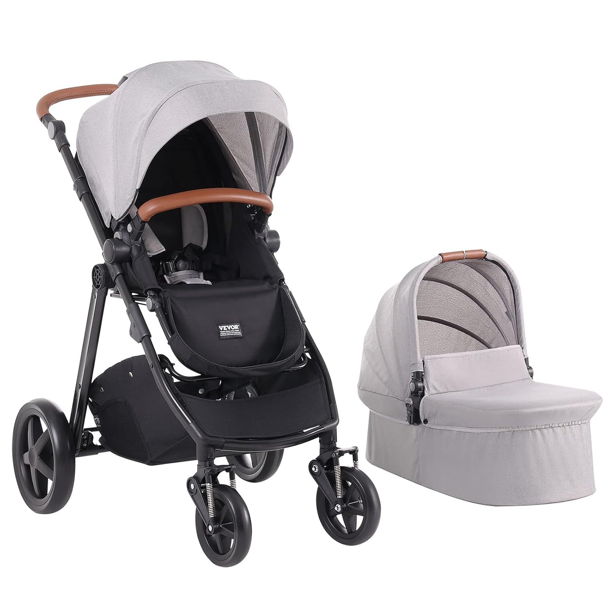 VEVOR 2-in-1 Baby Stroller with Infant Bassinet, Reversible Seat & Easy One-Button Fold, Aluminum Frame, EVA Tires with Brake, Lightweight Travel System Combo (Light Gray)