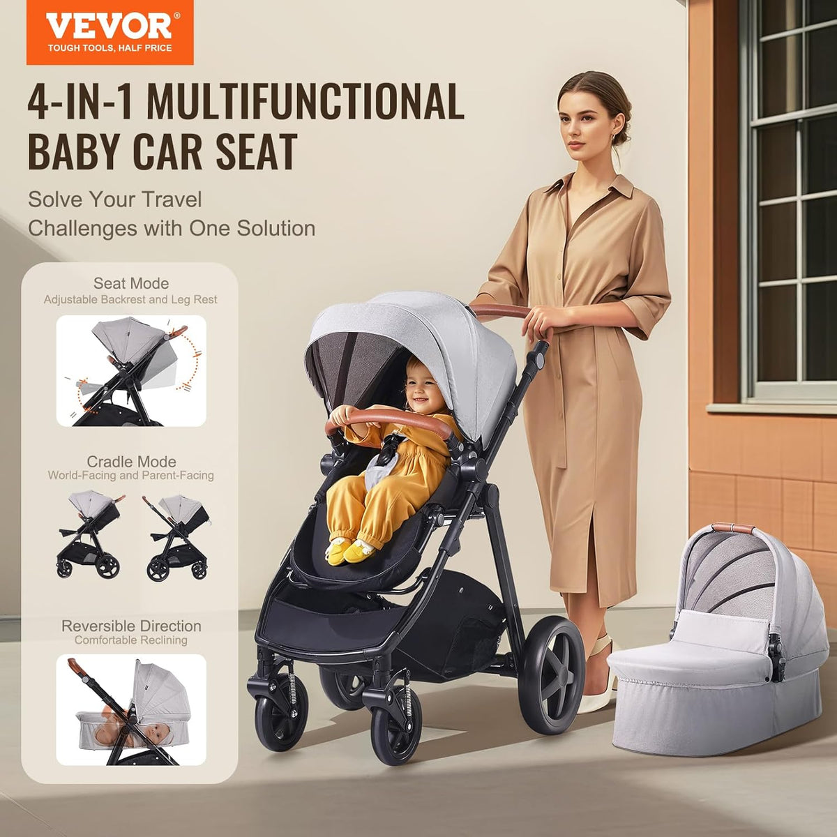 VEVOR 2-in-1 Baby Stroller with Infant Bassinet, Reversible Seat & Easy One-Button Fold, Aluminum Frame, EVA Tires with Brake, Lightweight Travel System Combo (Light Gray)