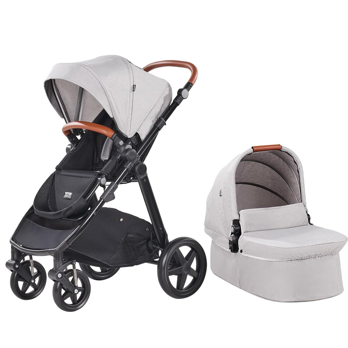 VEVOR 2-in-1 Baby Stroller with Infant Bassinet, Reversible Seat & Easy One-Button Fold, Aluminum Frame, EVA Tires with Brake, Lightweight Travel System Combo (Light Gray)