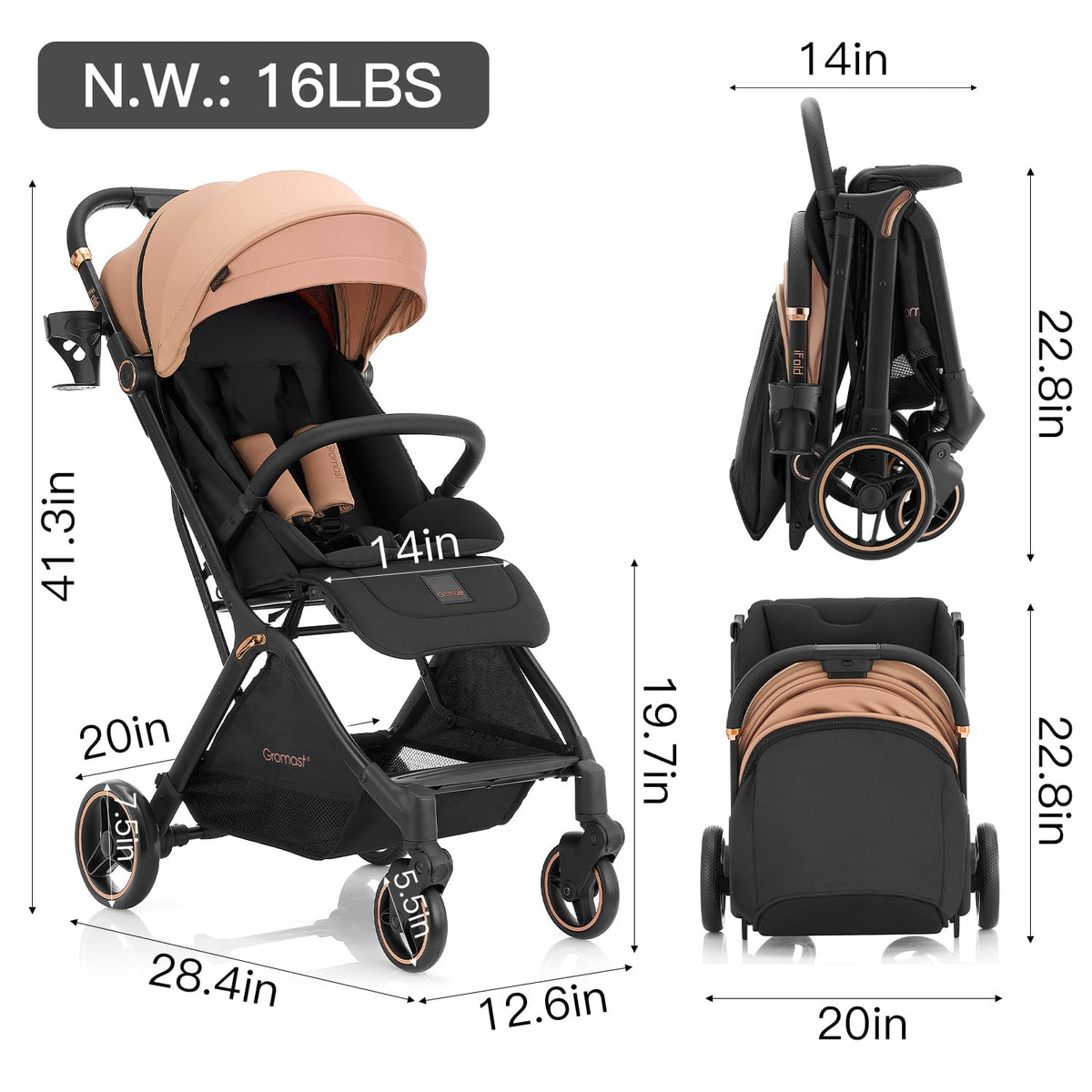 Gravity Folding Baby Stroller - Portable Travel Toddler Stroller w/Adjustable Backrest & Canopy, Lightweight and UV Protected, One-Hand Automatic Folding - Khaki