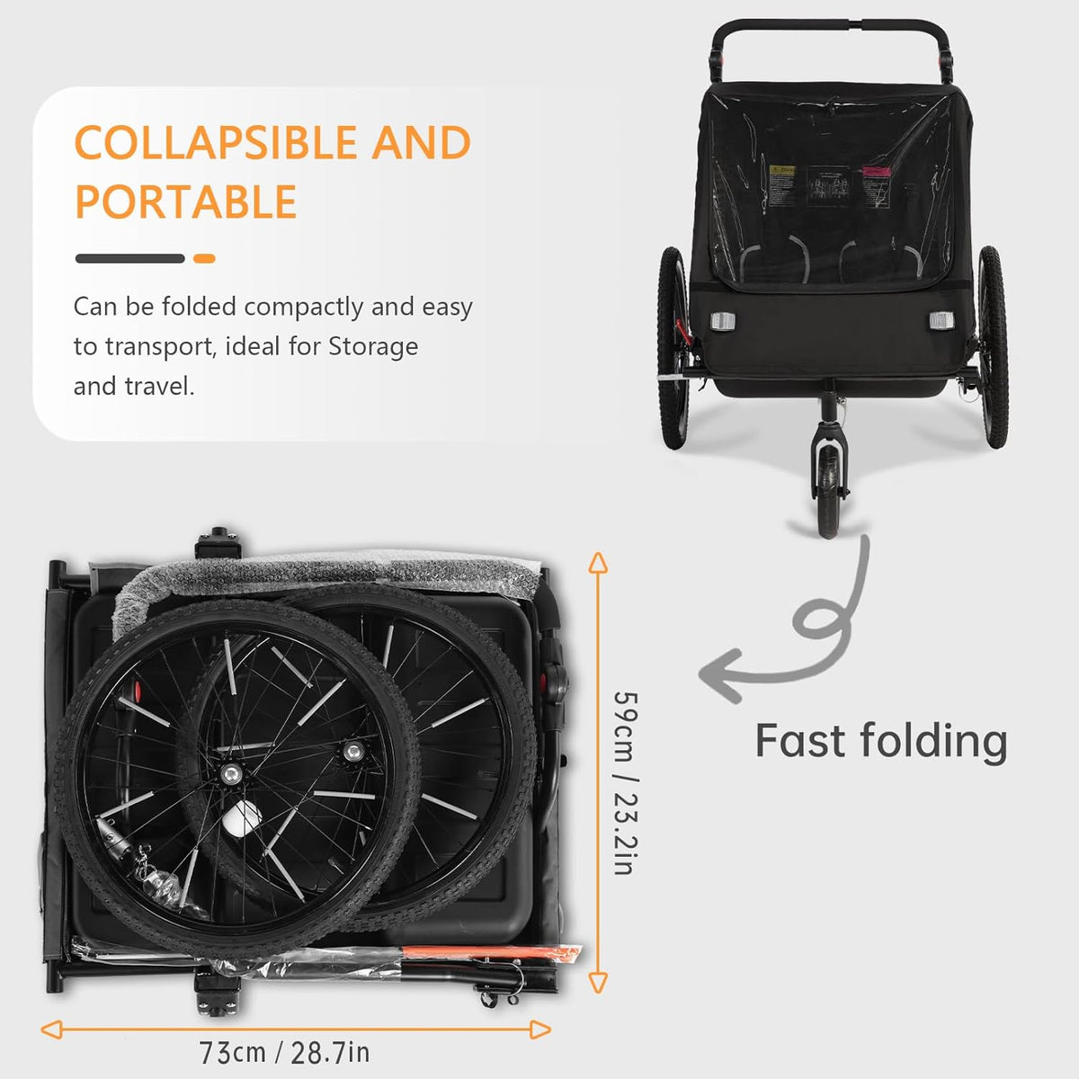 Sepnine 2-in-1 Kids Bike Trailer and Stroller with Suspension – Bike Trailer for 1 to 2 Children, Jogging Function, Foldable, 5-Point Harness, Spacious Storage, with Bug Screen and Weather Shield
