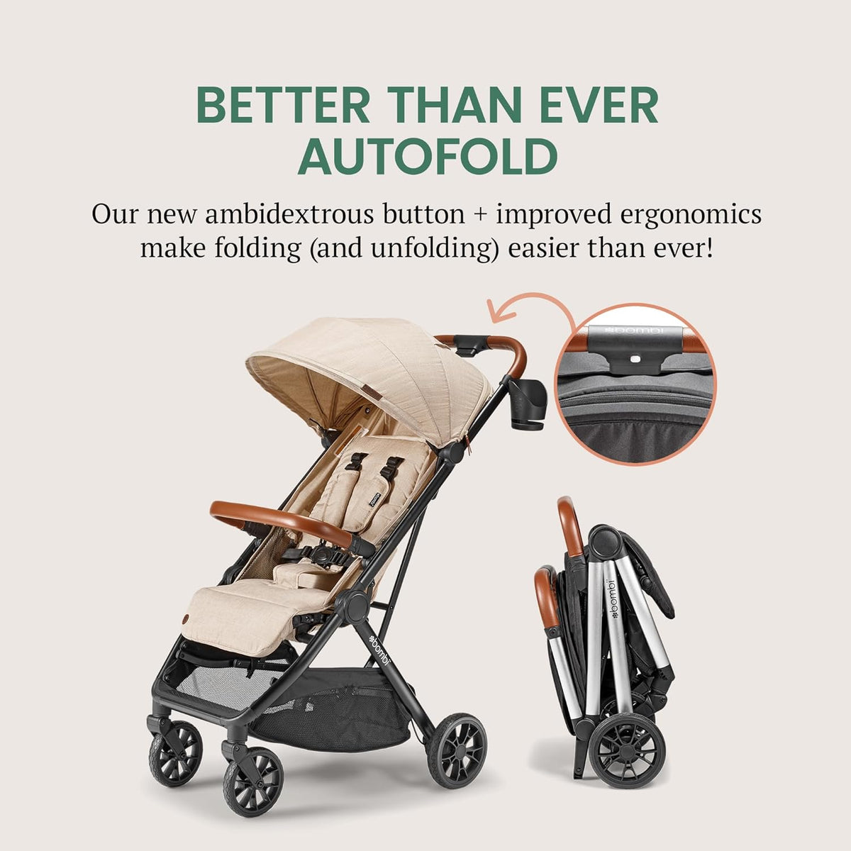Bombi Bēbee V2 Lightweight Baby Stroller - Premium Vegan Leather, One-Hand Fold, Infinite Recline, Aircraft-Grade Aluminum Frame, XXL Canopy, and Ample Storage Umbrella Stroller - Sand