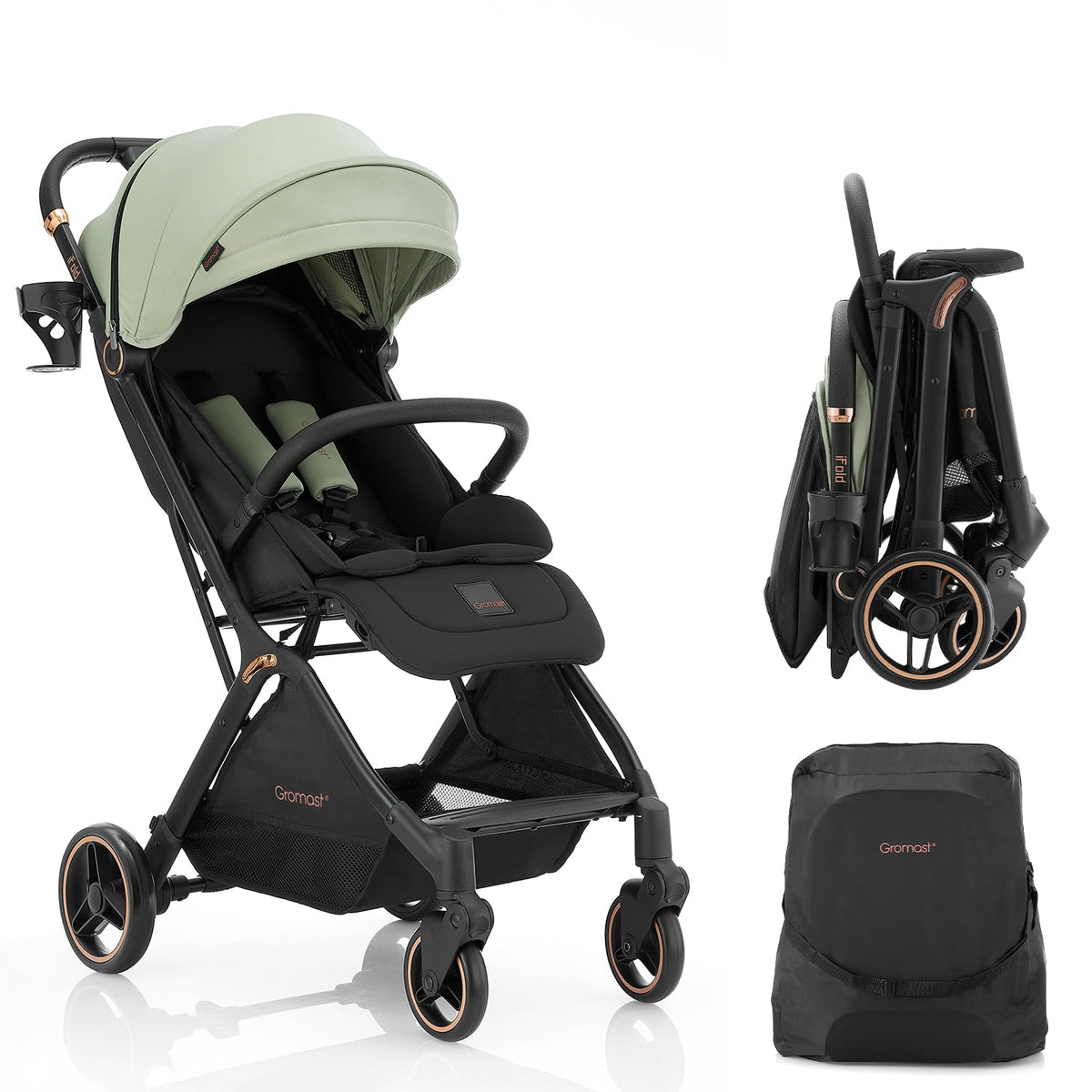 Gravity Folding Baby Stroller - Portable Travel Toddler Stroller w/Adjustable Backrest & Canopy, Lightweight and UV Protected, One-Hand Automatic Folding - Khaki