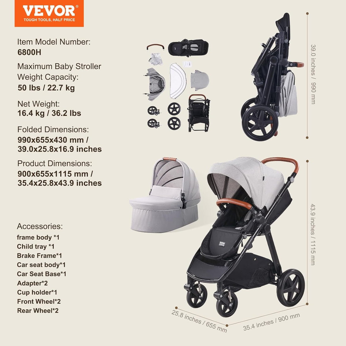 VEVOR 2-in-1 Baby Stroller with Infant Bassinet, Reversible Seat & Easy One-Button Fold, Aluminum Frame, EVA Tires with Brake, Lightweight Travel System Combo (Light Gray)