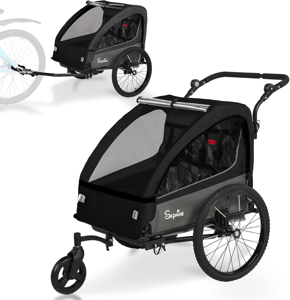 Sepnine 2-in-1 Kids Bike Trailer and Stroller with Suspension – Bike Trailer for 1 to 2 Children, Jogging Function, Foldable, 5-Point Harness, Spacious Storage, with Bug Screen and Weather Shield