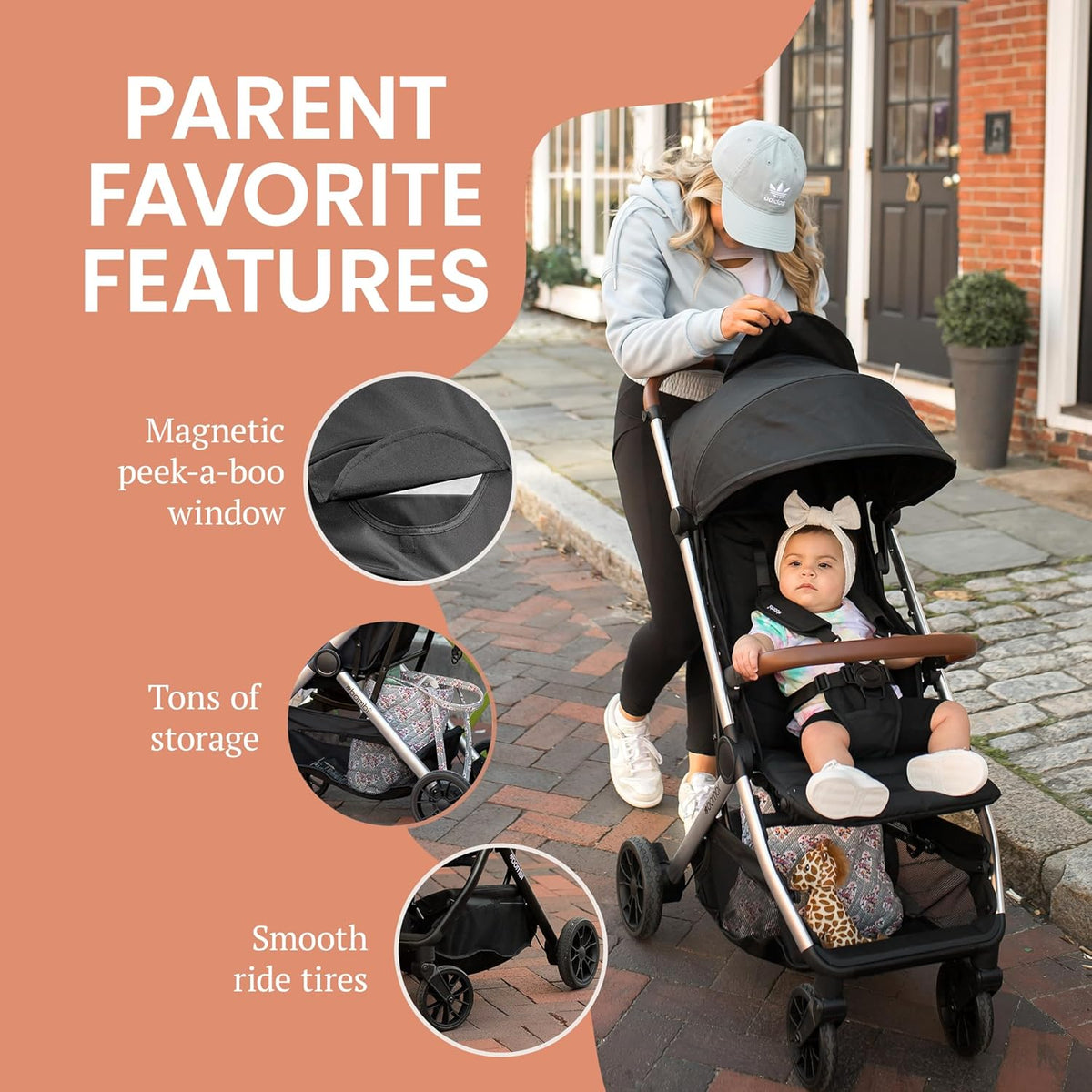 Bombi Bēbee V2 Lightweight Baby Stroller - Premium Vegan Leather, One-Hand Fold, Infinite Recline, Aircraft-Grade Aluminum Frame, XXL Canopy, and Ample Storage Umbrella Stroller - Sand