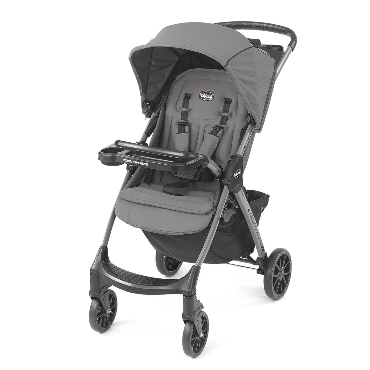 Chicco Mini Bravo Plus Lightweight Stroller for Babies and Toddlers, 3-Position Reclining Seat and UPF-Rated Canopy, Child and Parent Trays, Self-Standing Fold | Graphite/Grey