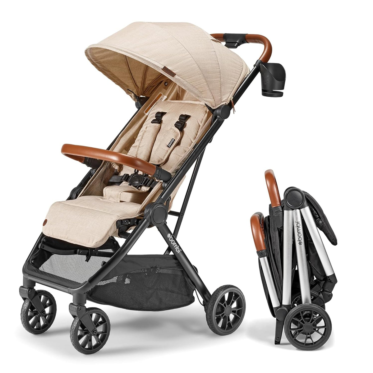 Bombi Bēbee V2 Lightweight Baby Stroller - Premium Vegan Leather, One-Hand Fold, Infinite Recline, Aircraft-Grade Aluminum Frame, XXL Canopy, and Ample Storage Umbrella Stroller - Sand