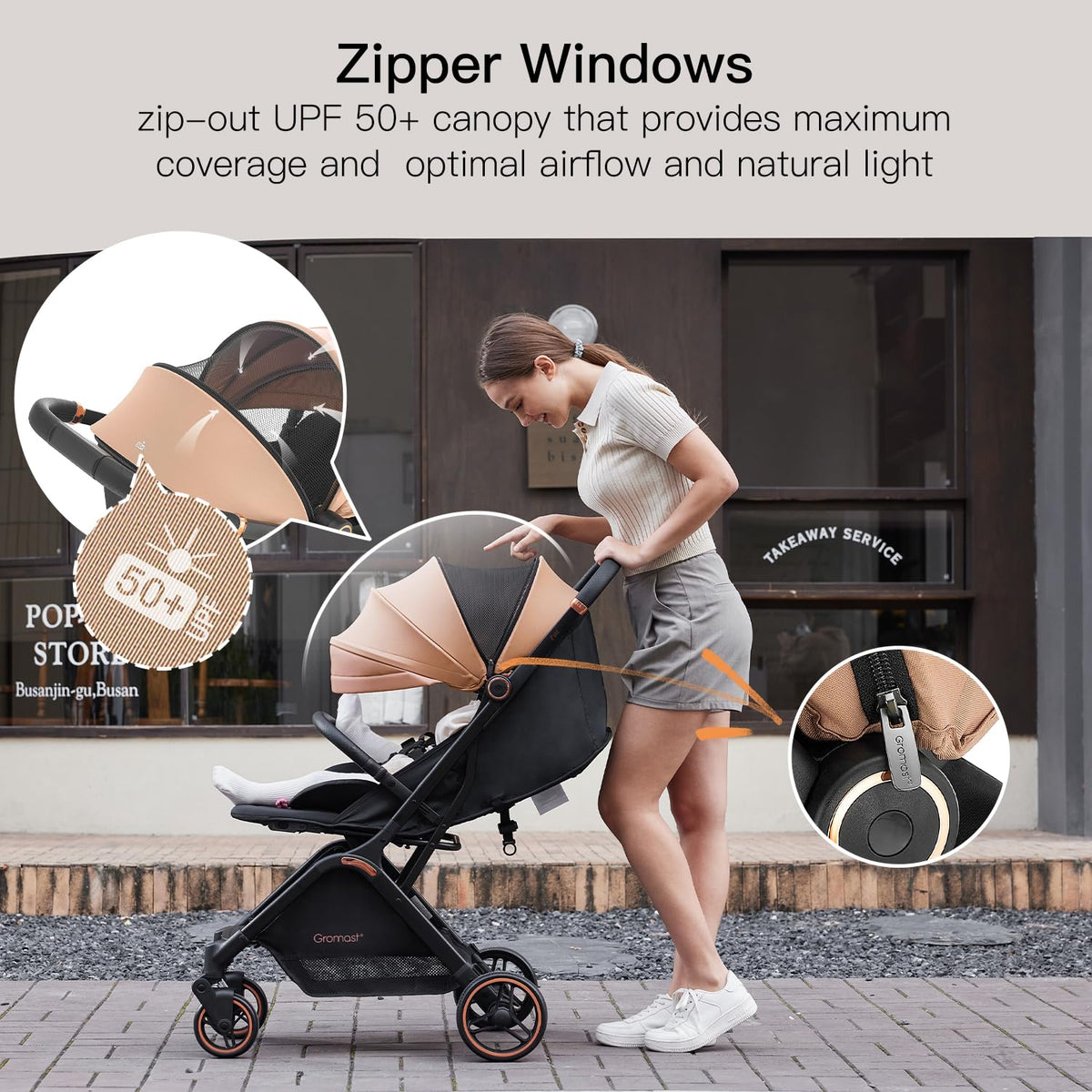 Gravity Folding Baby Stroller - Portable Travel Toddler Stroller w/Adjustable Backrest & Canopy, Lightweight and UV Protected, One-Hand Automatic Folding - Khaki